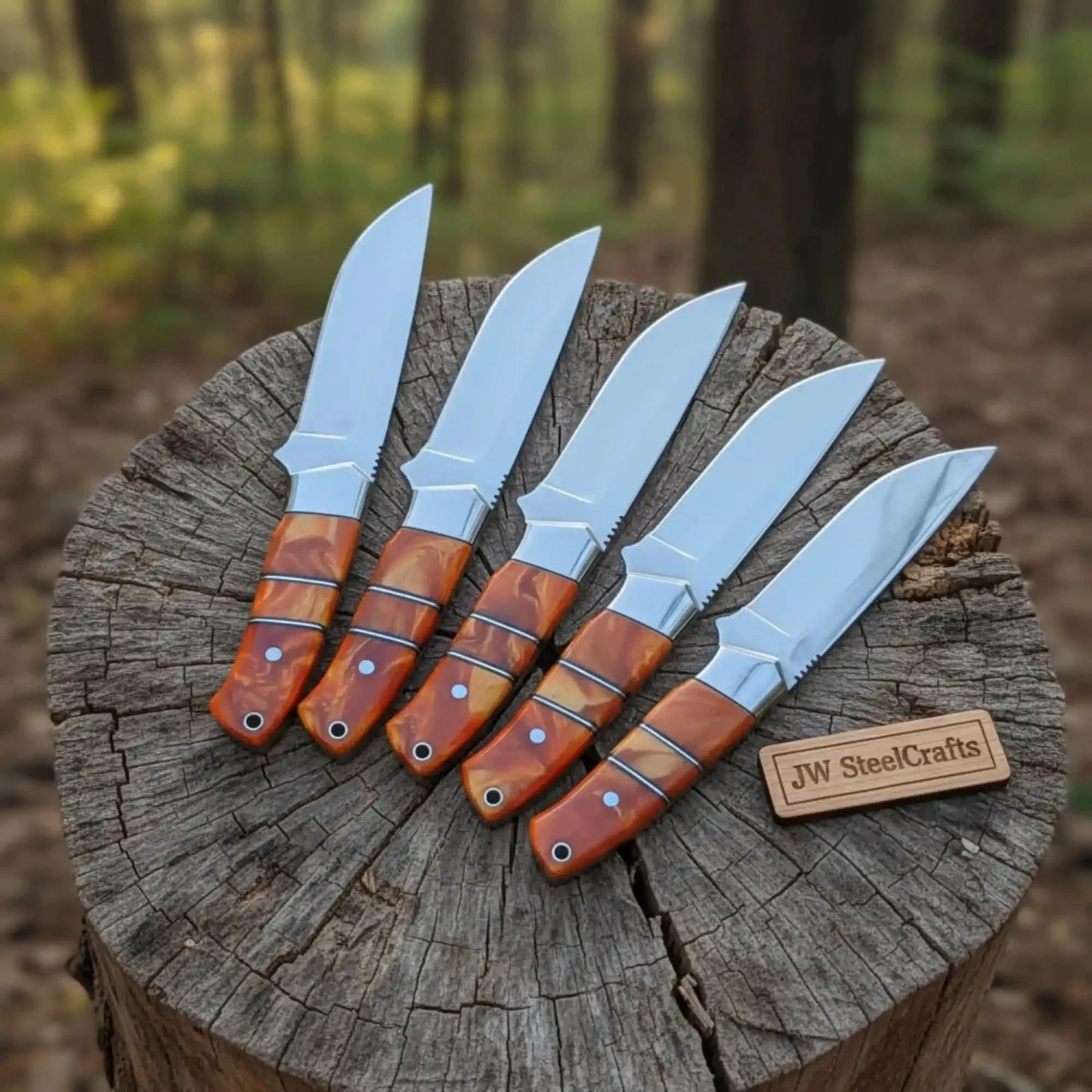 Handmade Artisan Scandi Bushcraft Knife of Set 5-Piece with Scandi Grind & Orange Resin Handles
