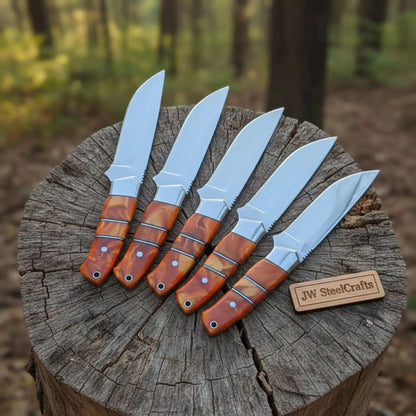 Handmade Artisan Scandi Bushcraft Knife of Set 5-Piece with Scandi Grind & Orange Resin Handles