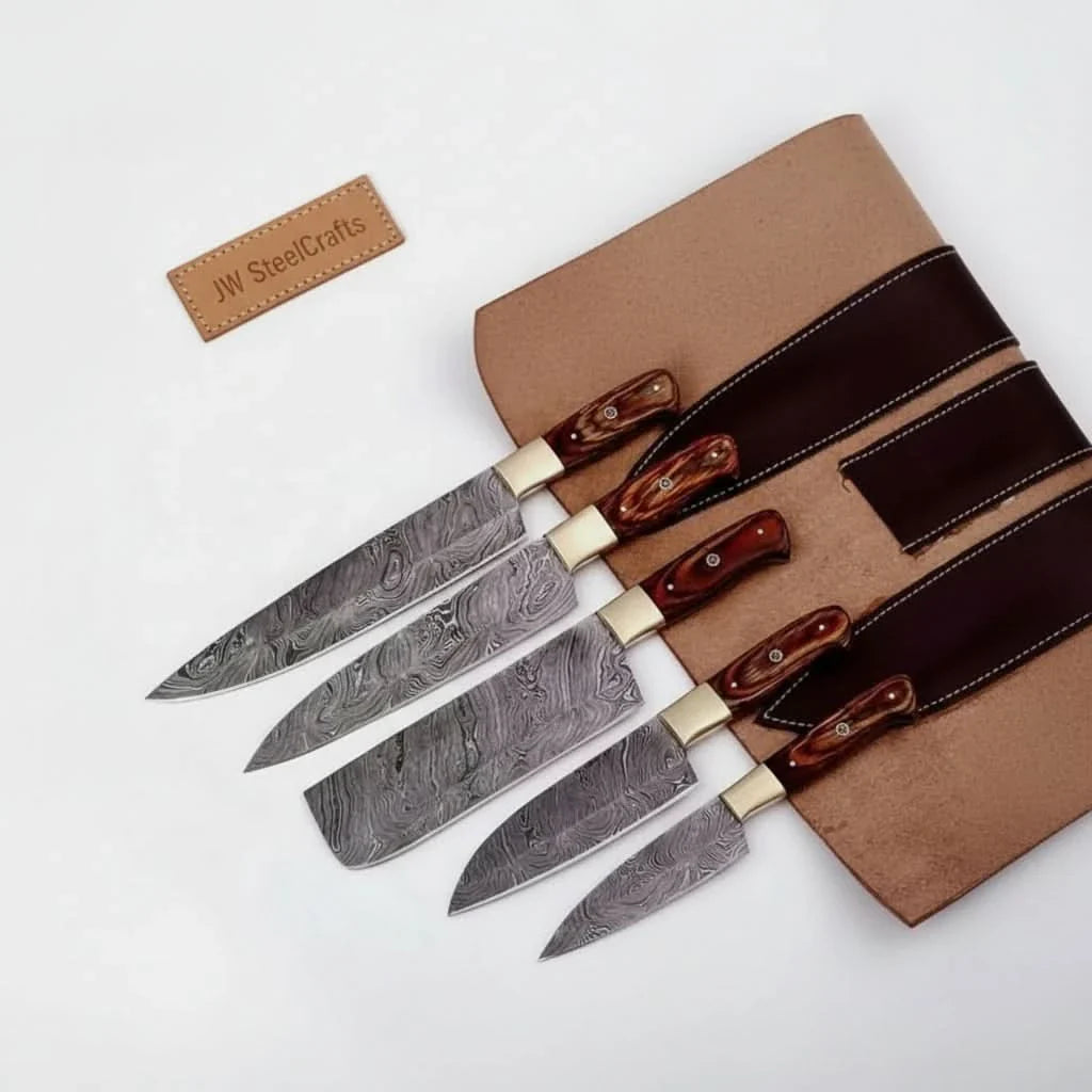 Handmade Damascus Kitchen Knife Set with Pakka Wood Handles and Leather Roll, Full Tang Chef Santoku Cleaver Utility and Paring Knives, Professional Culinary Collection
