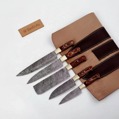 Handmade Damascus Kitchen Knife Set with Pakka Wood Handles and Leather Roll, Full Tang Chef Santoku Cleaver Utility and Paring Knives, Professional Culinary Collection