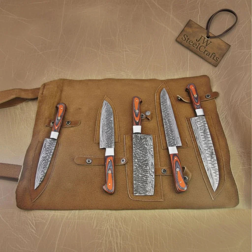 5-Piece Handmade Damascus Kitchen Knife Set with Red Pakka Wood Handles