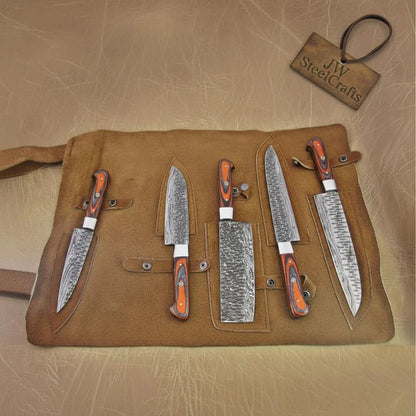 5-Piece Handmade Damascus Kitchen Knife Set with Red Pakka Wood Handles