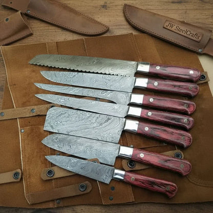 8-Piece Damascus Kitchen Knife Set — Red Pakka Wood Handles