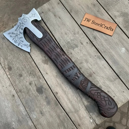 Handmade Viking Double-Bit Carbon Steel Axe with Norse Rune Etching and Engraved Hardwood Handle