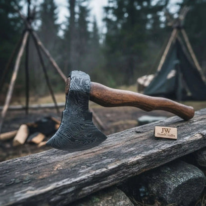 Handcrafted Damascus Utility Hatchet – Bearded Blade Style, Solid Wood Handle, Sheath Included