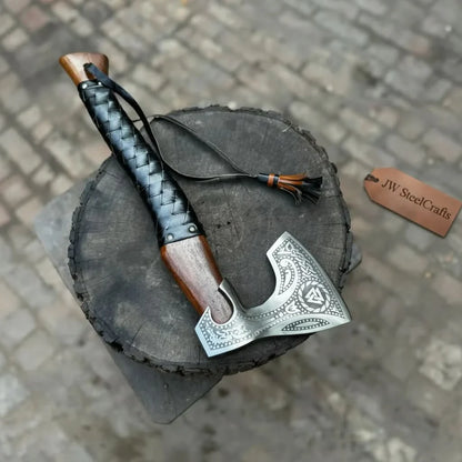 Viking Axe with Leather Wrapped Handle & Engraved Head – JW SteelCrafts