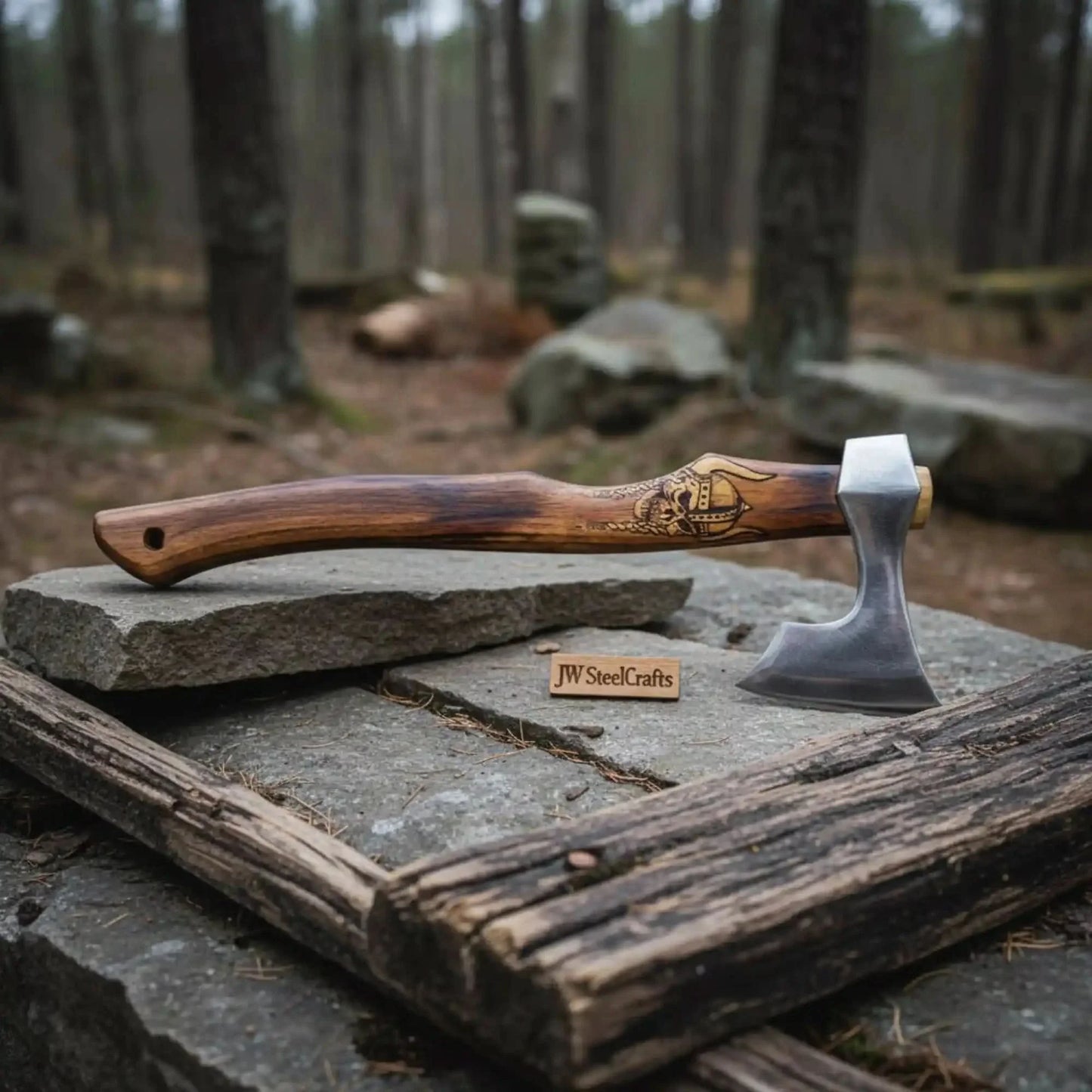 Hand Forged Damascus Steel Viking Axe – 18” Bearded Bushcraft Hatchet with Hardwood Handle | JW SteelCrafts