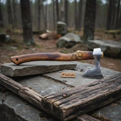 Hand Forged Damascus Steel Viking Axe – 18” Bearded Bushcraft Hatchet with Hardwood Handle | JW SteelCrafts