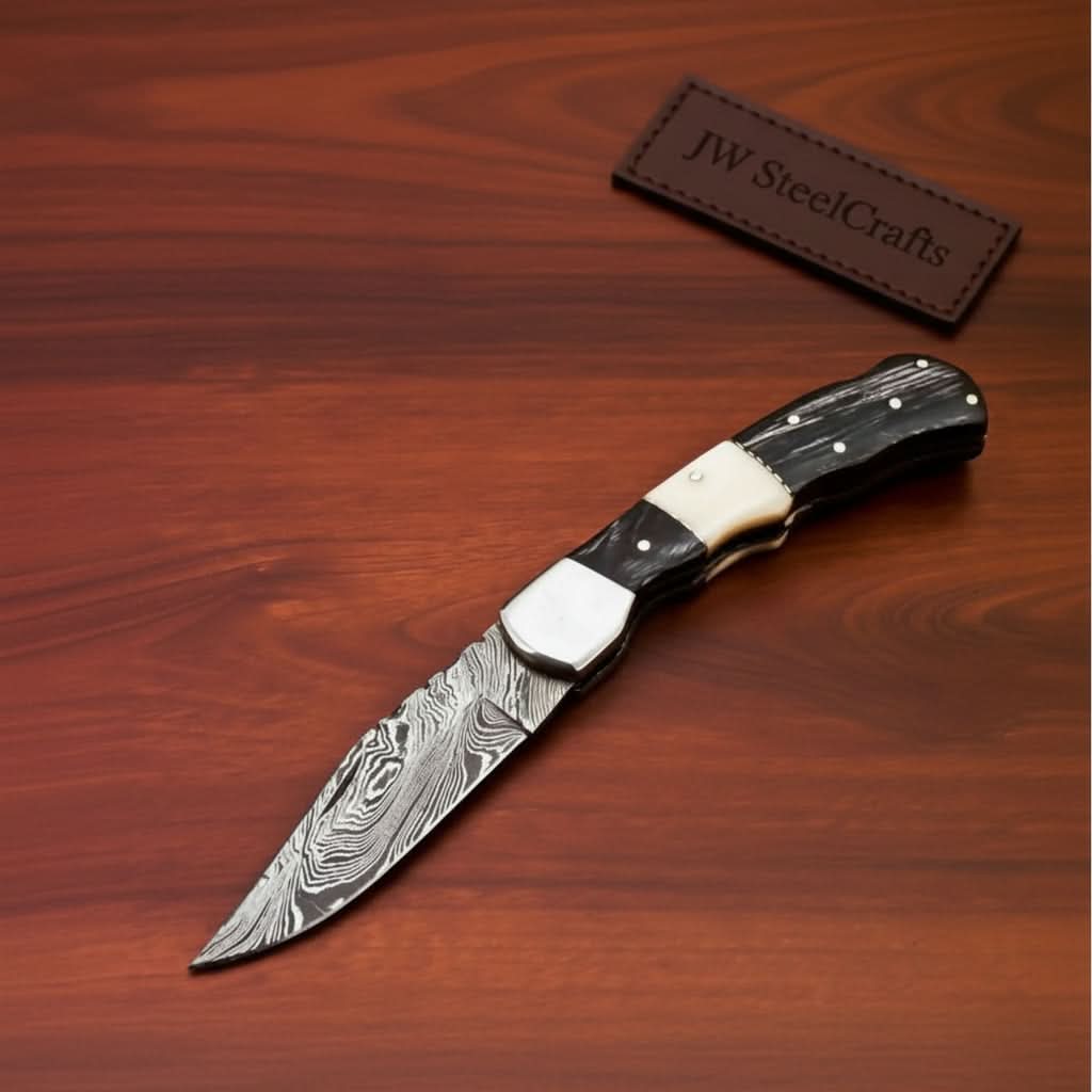 Handmade Damascus Folding Pocket Knife – Engraved & Plain Handle Variants | Leather Sheath Included