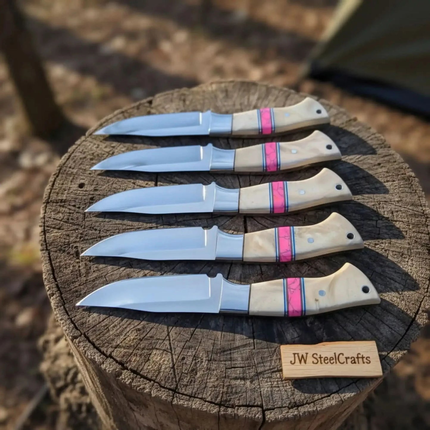 5-Piece Resin Hunting Knife Set with Cream Resin & Pink Turquoise Handles