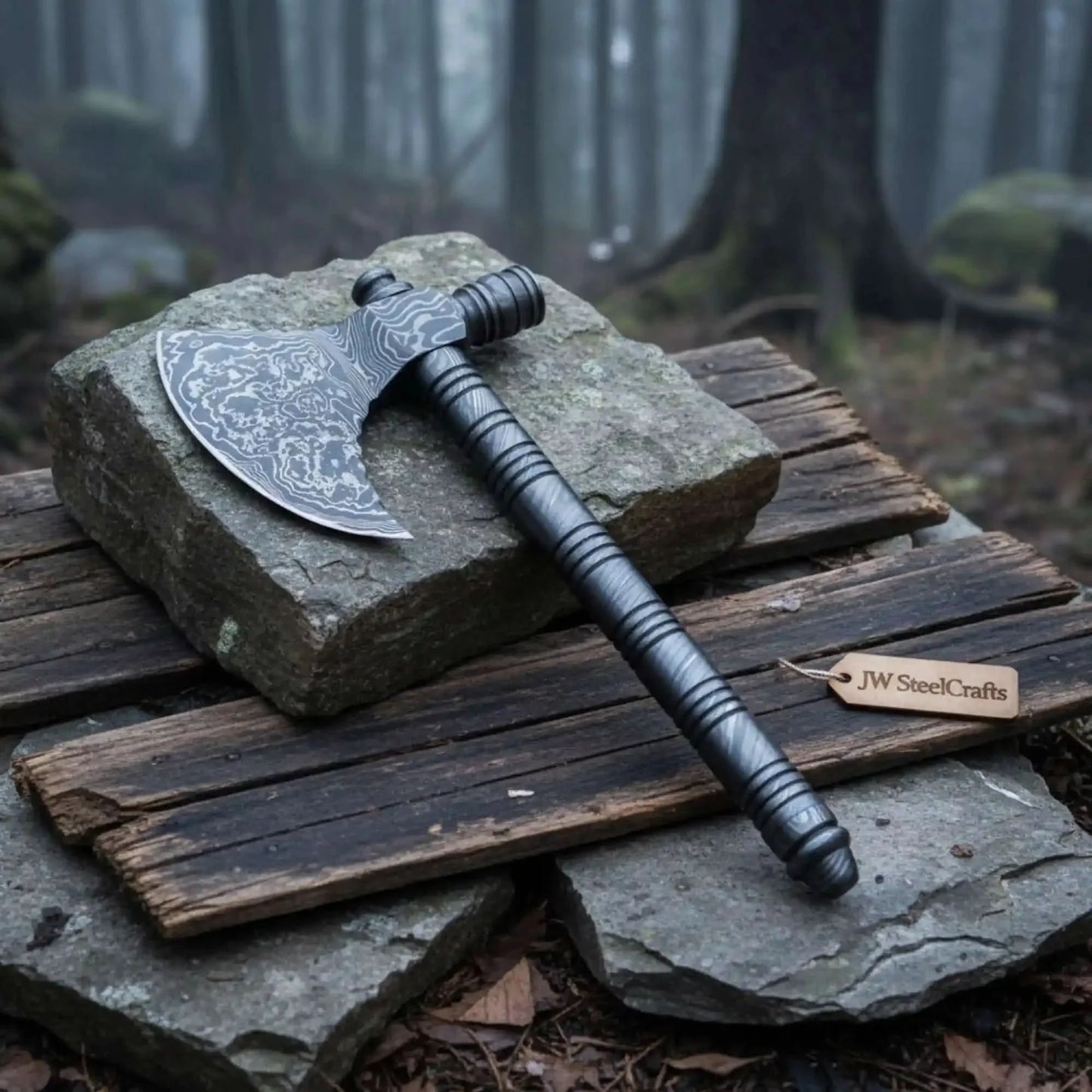 Artisan Damascus Smoking Axe – Functional Tobacco Pipe with Sculpted Hardwood Shaft