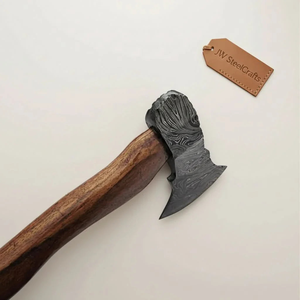 Handcrafted Damascus Utility Hatchet – Bearded Blade Style, Solid Wood Handle, Sheath Included