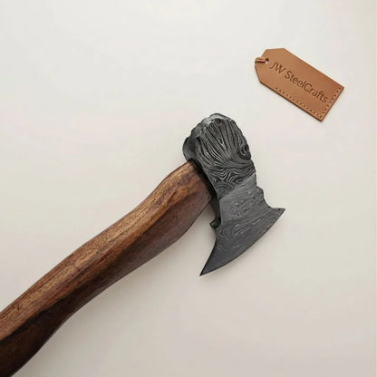 Handcrafted Damascus Utility Hatchet – Bearded Blade Style, Solid Wood Handle, Sheath Included