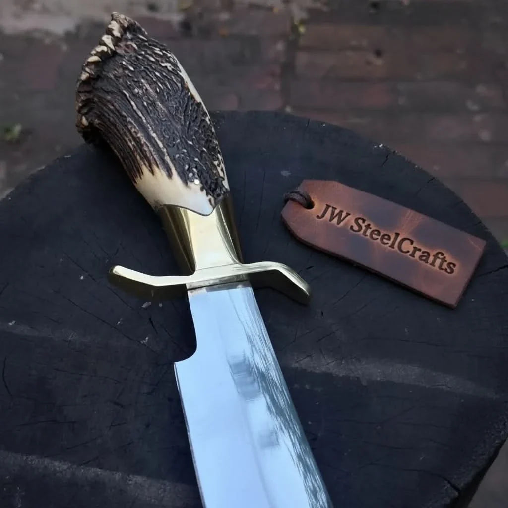 Handmade Carbon Steel Hunting Knife with Stag Horn Handle & Leather Sheath