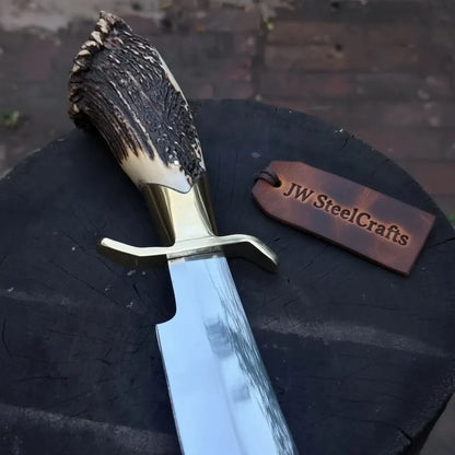 Handmade Carbon Steel Hunting Knife with Stag Horn Handle & Leather Sheath