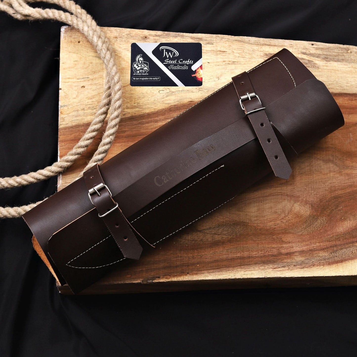 6-Piece High Carbon Steel Kitchen Knife Set with Leather Roll — Olive Wood Handles, Steel Bolsters, 7 to 12 Inc