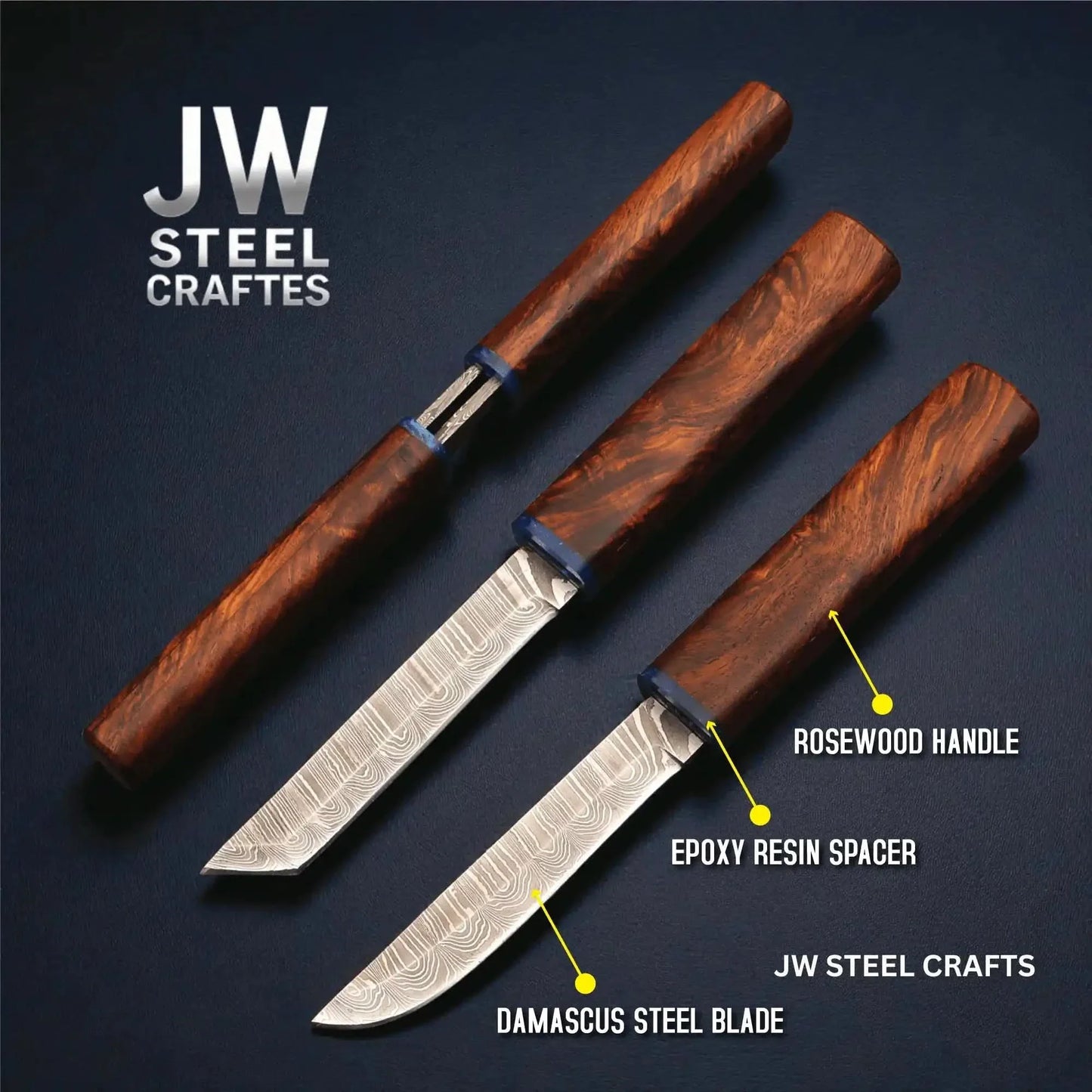 Damascus Utility Knife — 5-Inch Blade, Natural Rosewood Handle, Blue Epoxy Resin Spacer and Interlocking Wood Scabbard