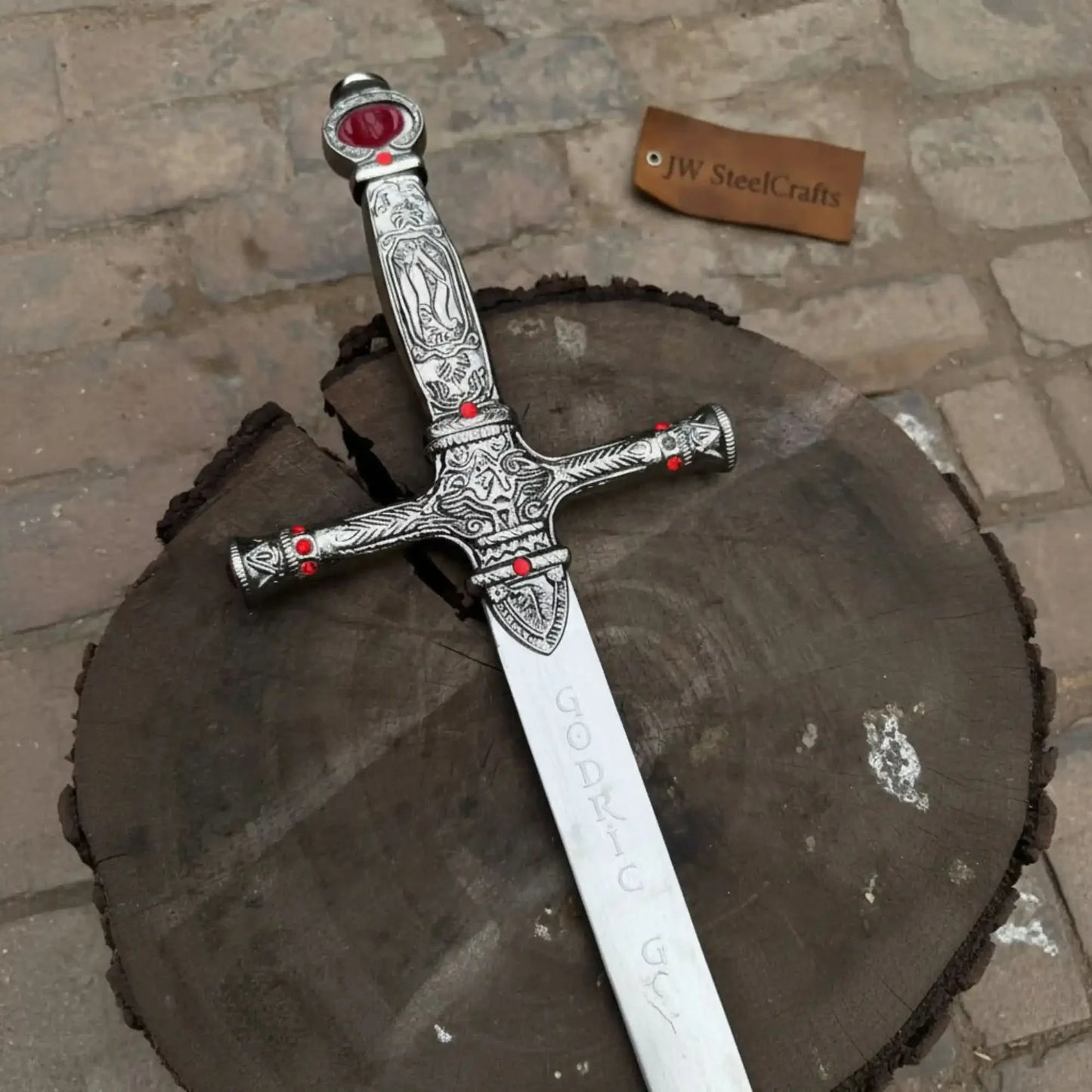 Handmade Sacred Gothic Royal Crusader Sword | Red Gemstone Replica
