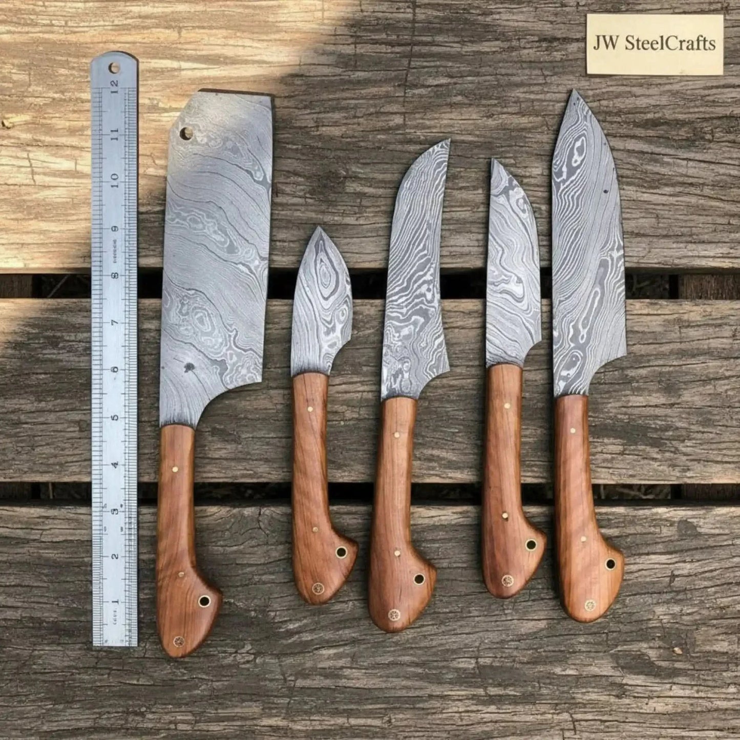 5-Piece Damascus Kitchen Knife Set — Cleaver, Chef, Utility, Boning & Paring with Olive Wood Handles & Brass Pins