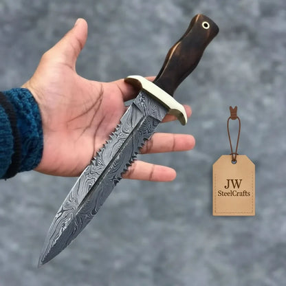 Hammer forged Damascus Dagger Knife with 8” Double Edge Serrated Blade, Sawback Spine, Brass Guard, Rosewood Handle (Full Tang Fixed Blade)
