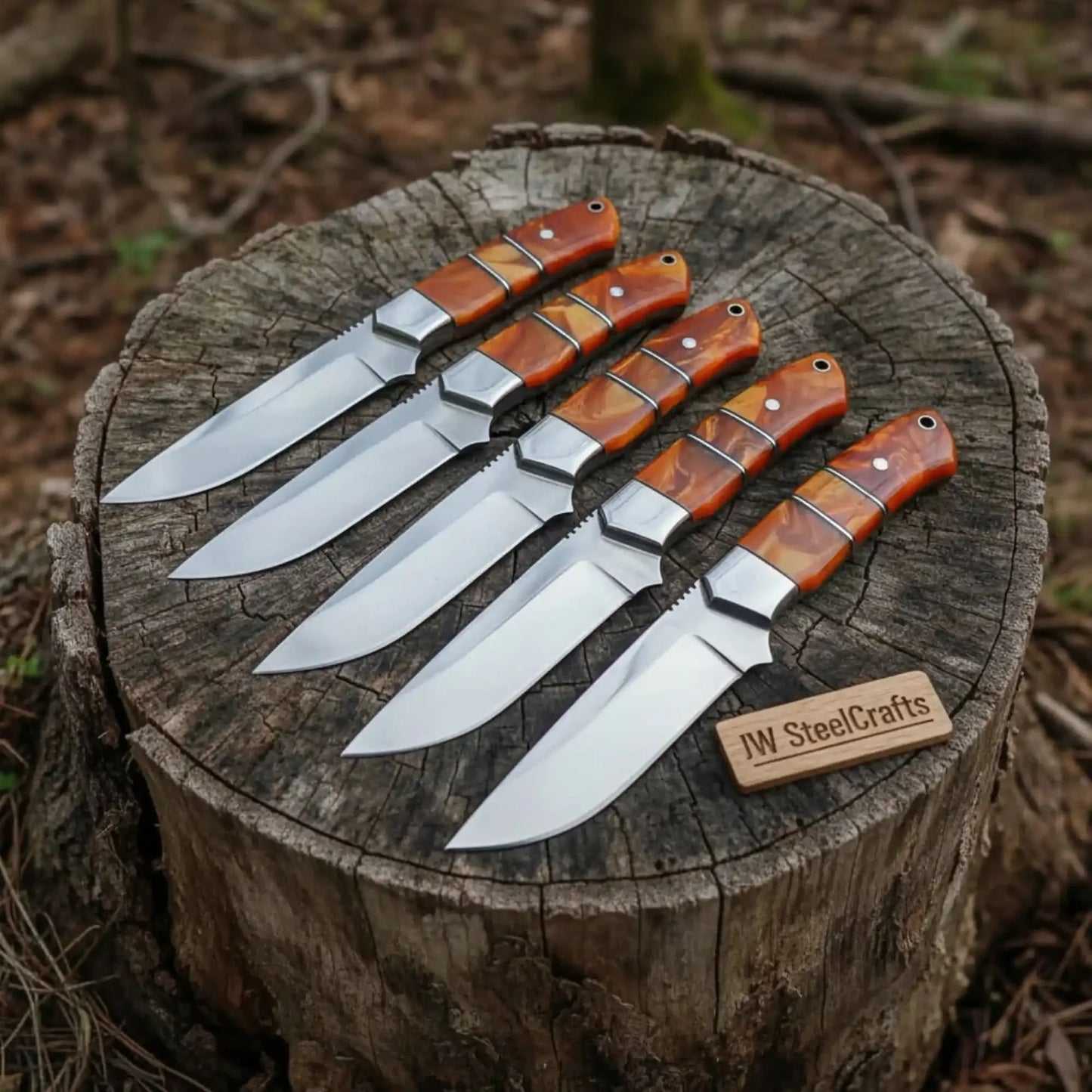 Handmade Artisan Scandi Bushcraft Knife of Set 5-Piece with Scandi Grind & Orange Resin Handles