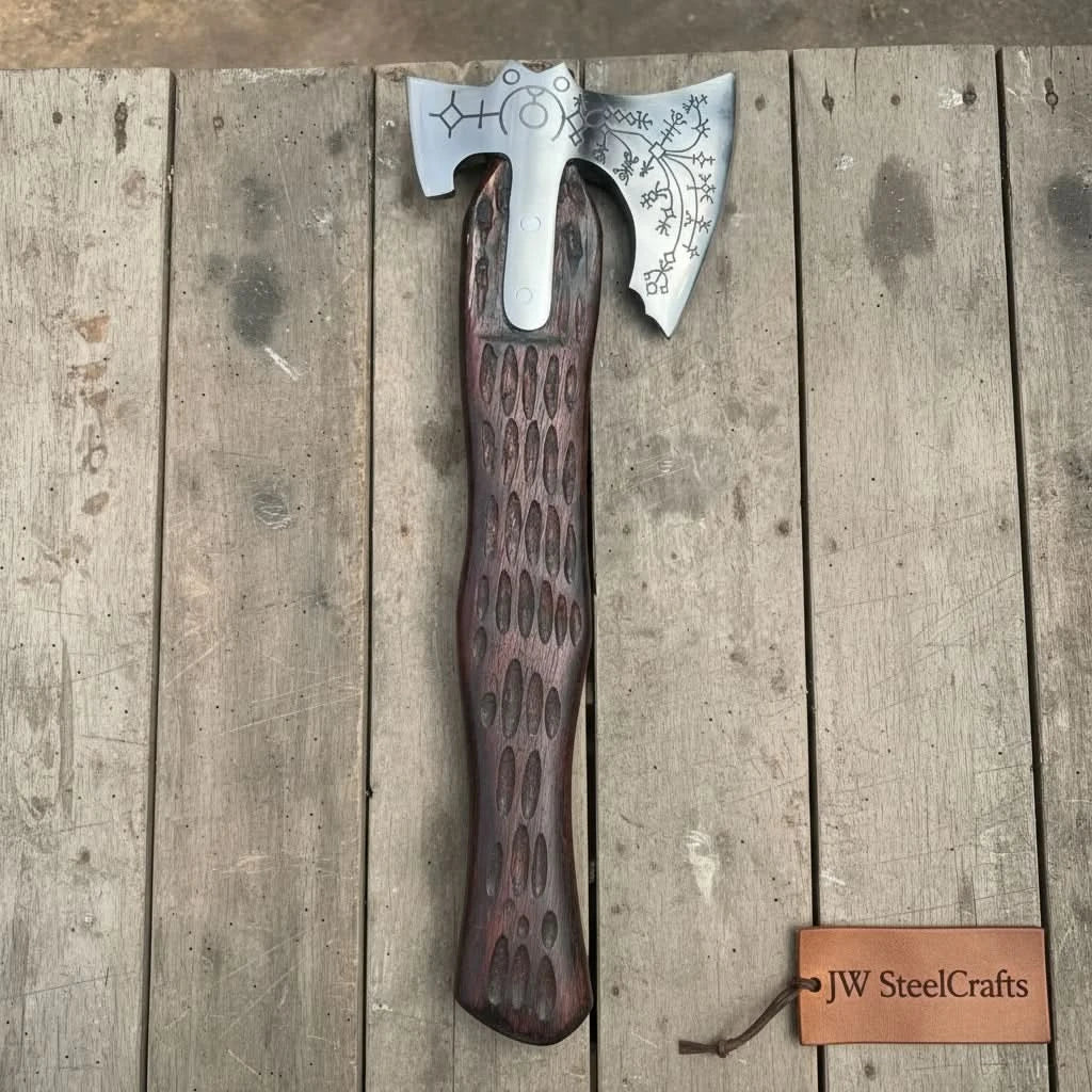 Handmade Viking Double-Bit Carbon Steel Axe with Norse Rune Etching and Engraved Hardwood Handle
