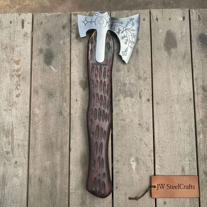 Handmade Viking Double-Bit Carbon Steel Axe with Norse Rune Etching and Engraved Hardwood Handle