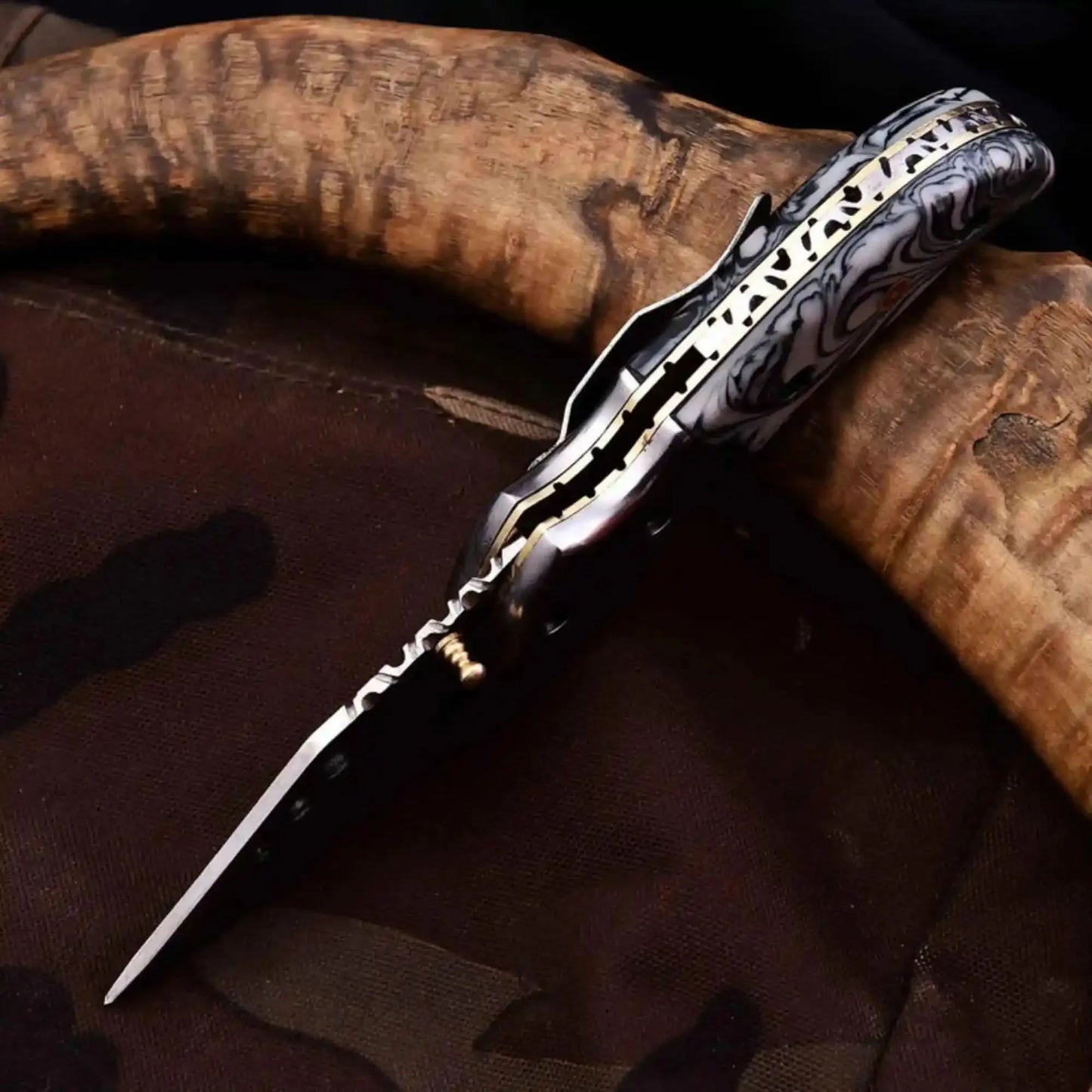 Marble Resin Folding Pocket Knife — Drop Point Blade, Brass Pivot, and Genuine Leather Sheath