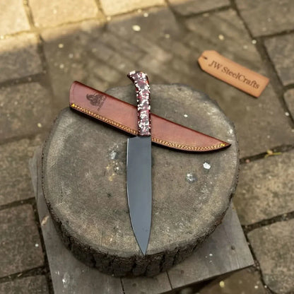 Black Blade Chef Knife Full Tang with Custom Handle & Leather Sheath