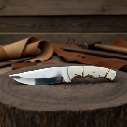 Ranch Hand Utility Knife Fixed Blade white resin Handle Full Tang Brass Spacer Western Knife