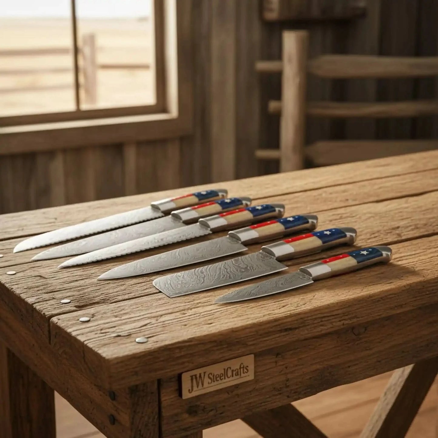 6-Piece Texas Flag Damascus Steak & Utility Knife Set — Pakka Wood & Bone Handles