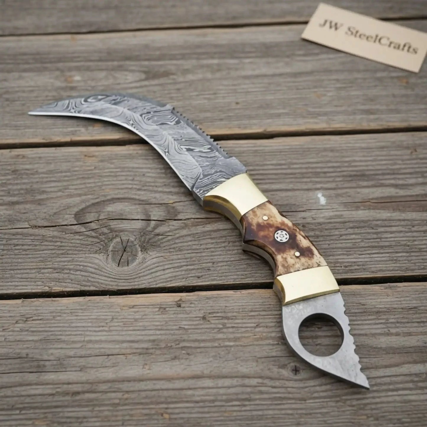 Damascus Steel Knife with Burned Bone Handle & Brass Bolster