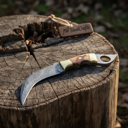 Damascus Steel Knife with Burned Bone Handle & Brass Bolster