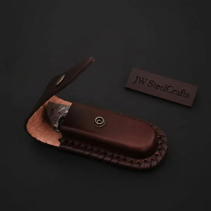 Handmade Damascus Folding Knife with Bone Handle – Compact EDC Pocket Knife with Leather Sheath