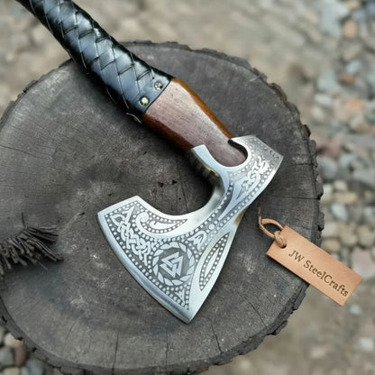 Viking Axe with Leather Wrapped Handle & Engraved Head – JW SteelCrafts