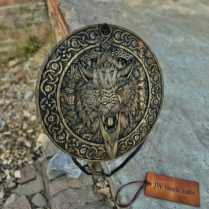 Handcrafted Viking Shield and Engraved Axe Set with Raven Motif and Norse Knotwork