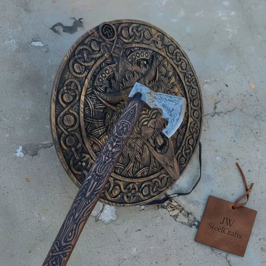 Handcrafted Viking Shield and Engraved Axe Set with Raven Motif and Norse Knotwork
