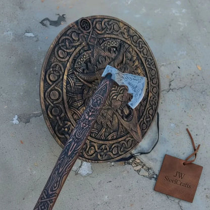 Handcrafted Viking Shield and Engraved Axe Set with Raven Motif and Norse Knotwork