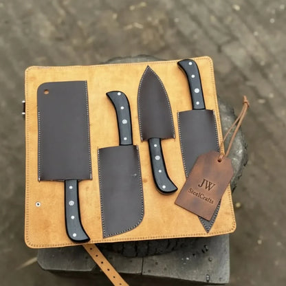 4-Piece Damascus Steel Kitchen Knife Set — Chef, Santoku, Cleaver & Utility