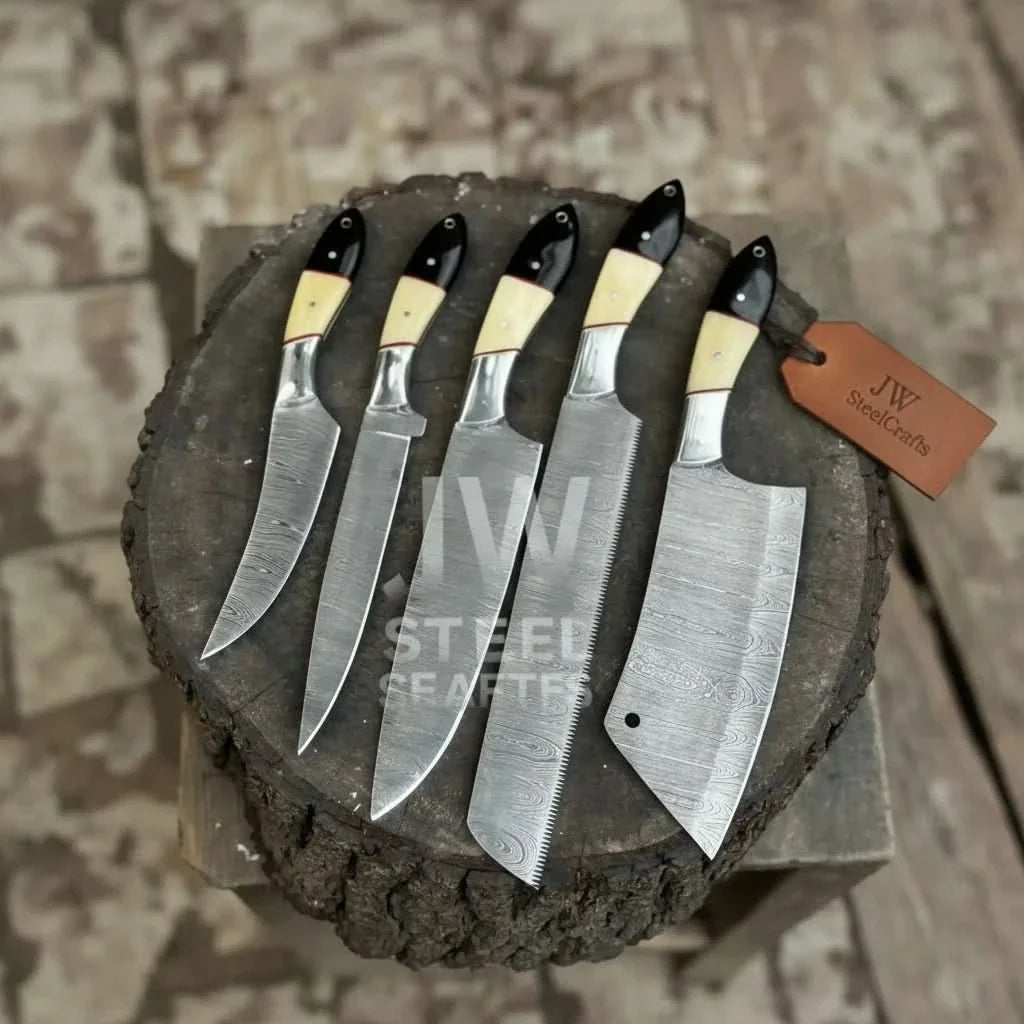 5-Piece Damascus Chef Knife Set – Camel Bone and Black Micarta Handles