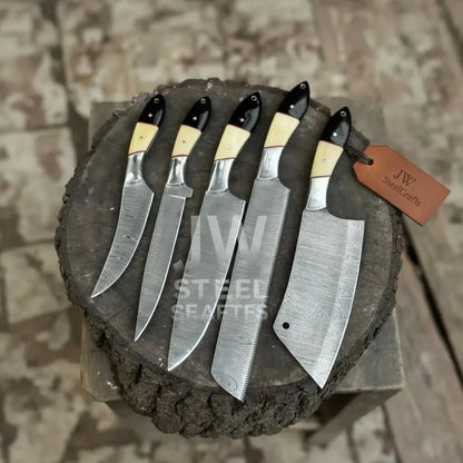 5-Piece Damascus Chef Knife Set – Camel Bone and Black Micarta Handles
