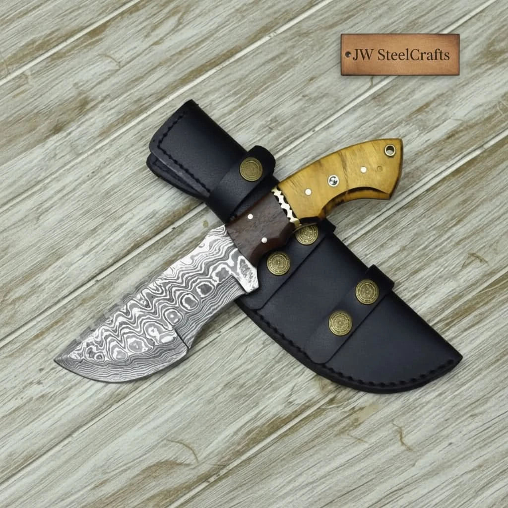 tracker knife Custom, 10", DAMASCUS KNIFE, Damascus steel knife, hunting, exotic Yellow Heart & Walnut wood handle, leather sheath