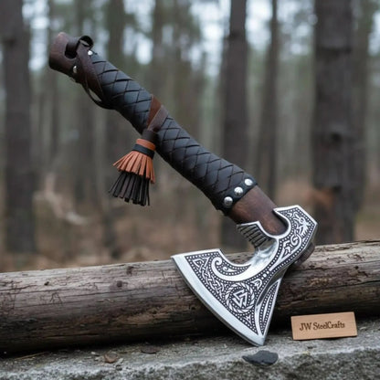 Norse Engraved Camp Hatchet with Leather Wrapped Handle and Belt Sheath | JW SteelCrafts