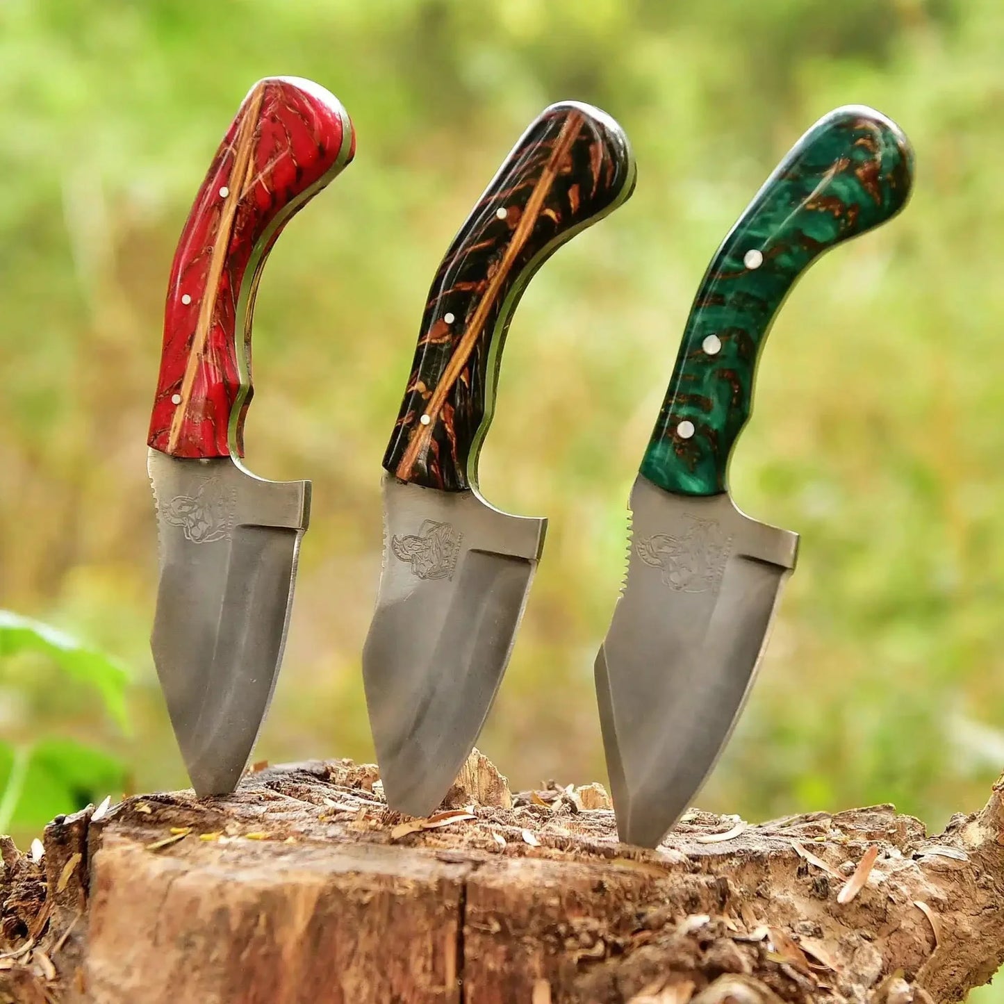 Acid Washed High Carbon Steel Hunting Knife — Pinecone Resin Handle in Red, Black or Green