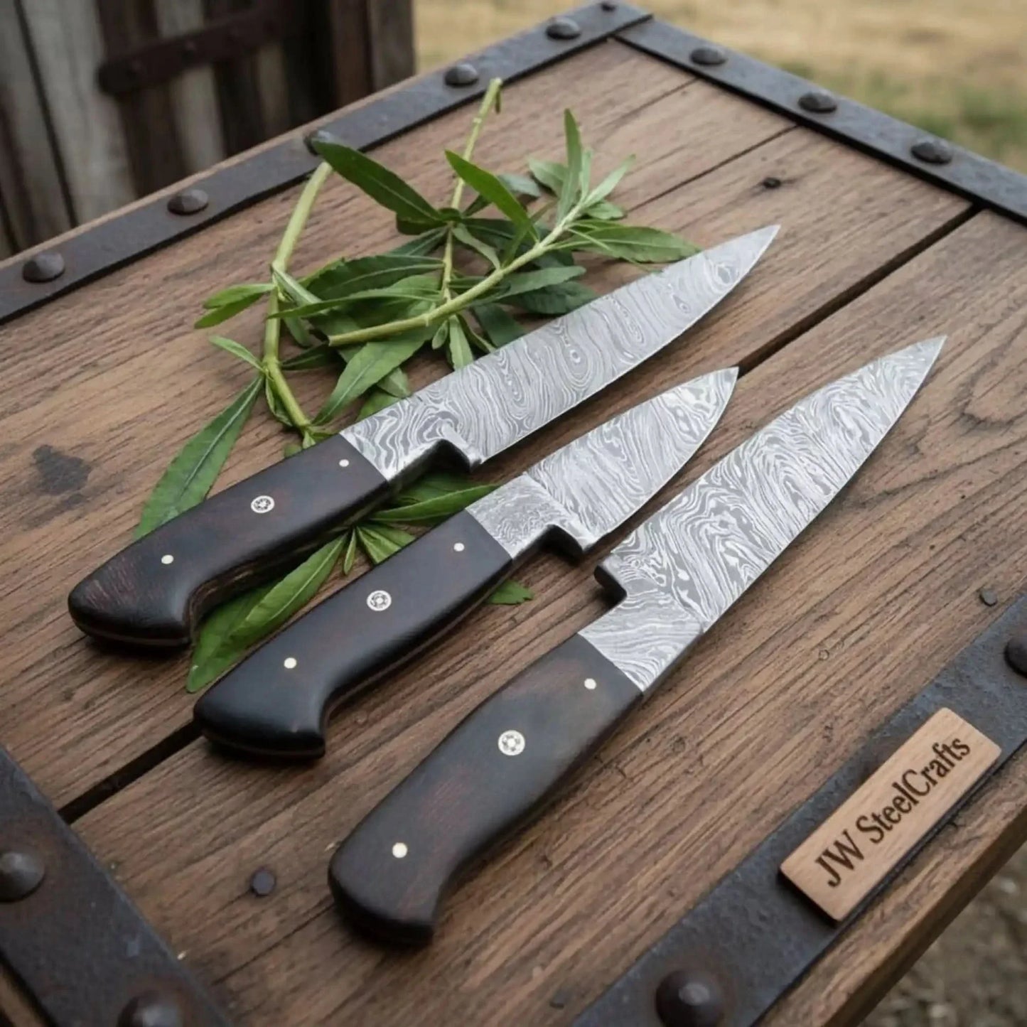 3-Piece Twisted Damascus Kitchen Knife Set — 10" Chef & Utility Knives with 7" Paring Knife and Black Micarta Handles