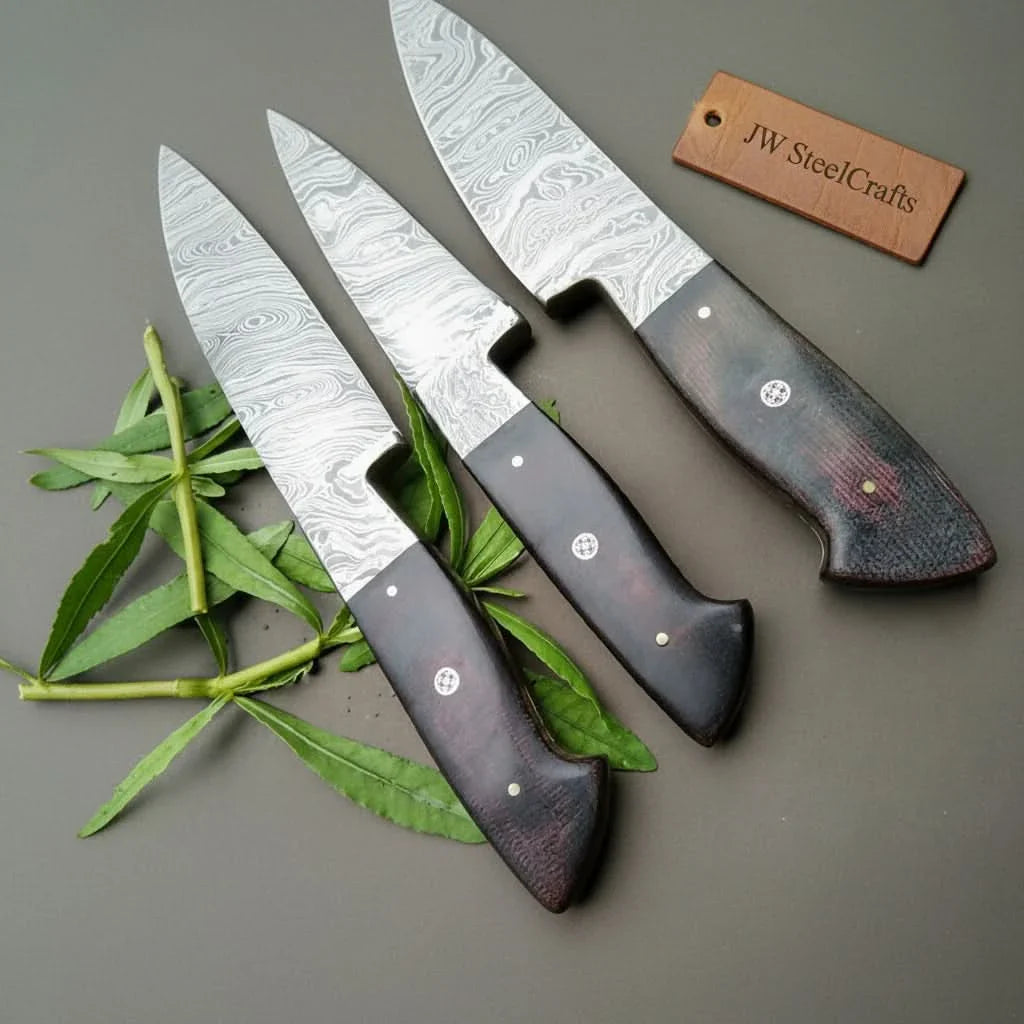 3-Piece Twisted Damascus Kitchen Knife Set — 10" Chef & Utility Knives with 7" Paring Knife and Black Micarta Handles