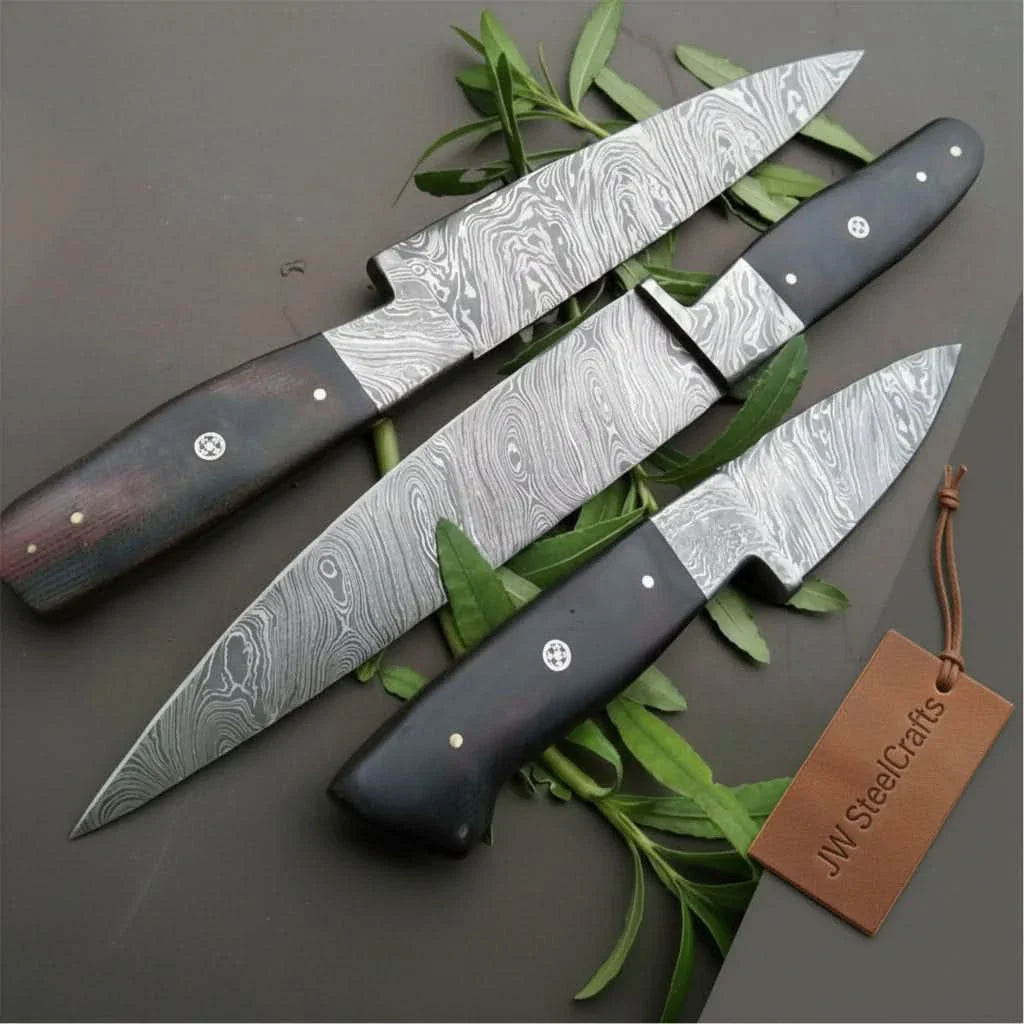 3-Piece Twisted Damascus Kitchen Knife Set — 10" Chef & Utility Knives with 7" Paring Knife and Black Micarta Handles