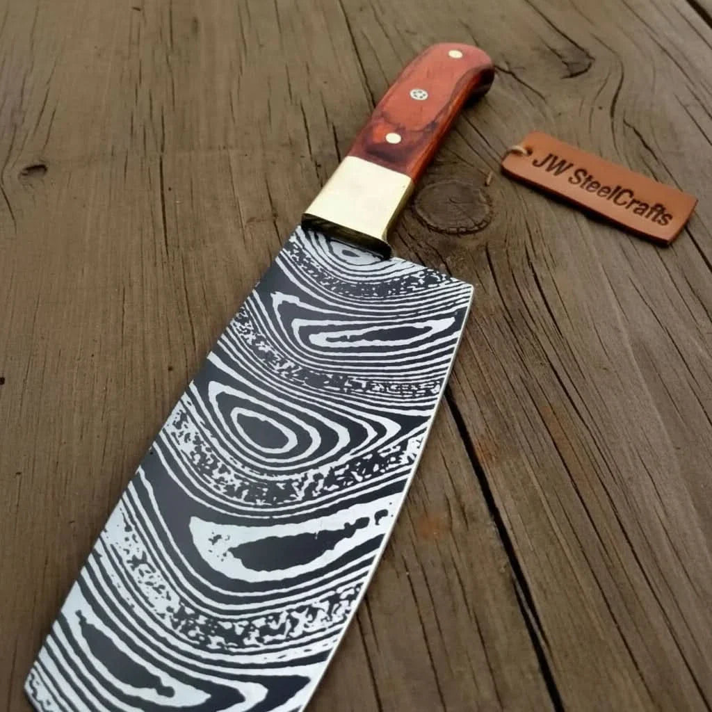 8” Carbon Steel Gyuto Chef Knife – Twisted Acid-Etched Blade with Red Pakka Wood Handle