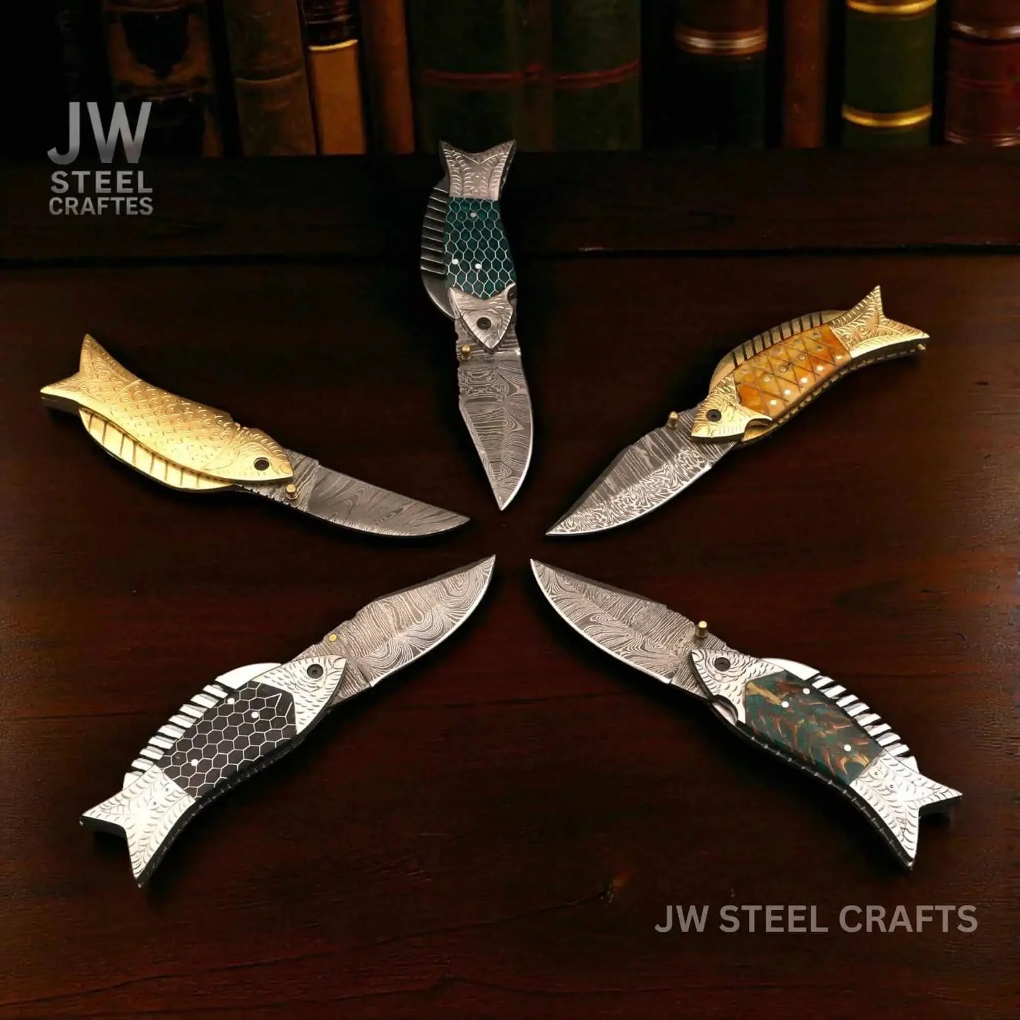 Fish-Style Damascus Folding Knife | 5 Color Variants | Hand-Engraved Collectible