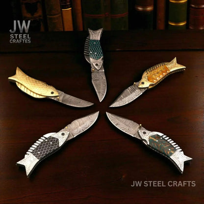 Fish-Style Damascus Folding Knife | 5 Color Variants | Hand-Engraved Collectible